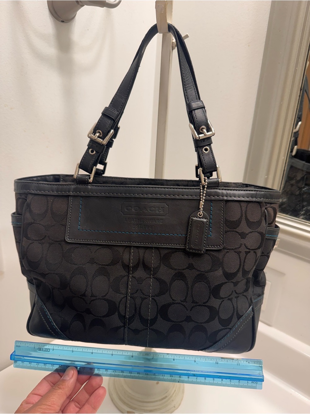Coach Black Signature Shoulder Tote with Leather Trim G05M-8K94